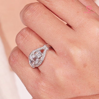 Vintage-Inspired 3-Stone Emerald Lab Grown Diamond Cut Diamond Halo Ring in 14K White Gold