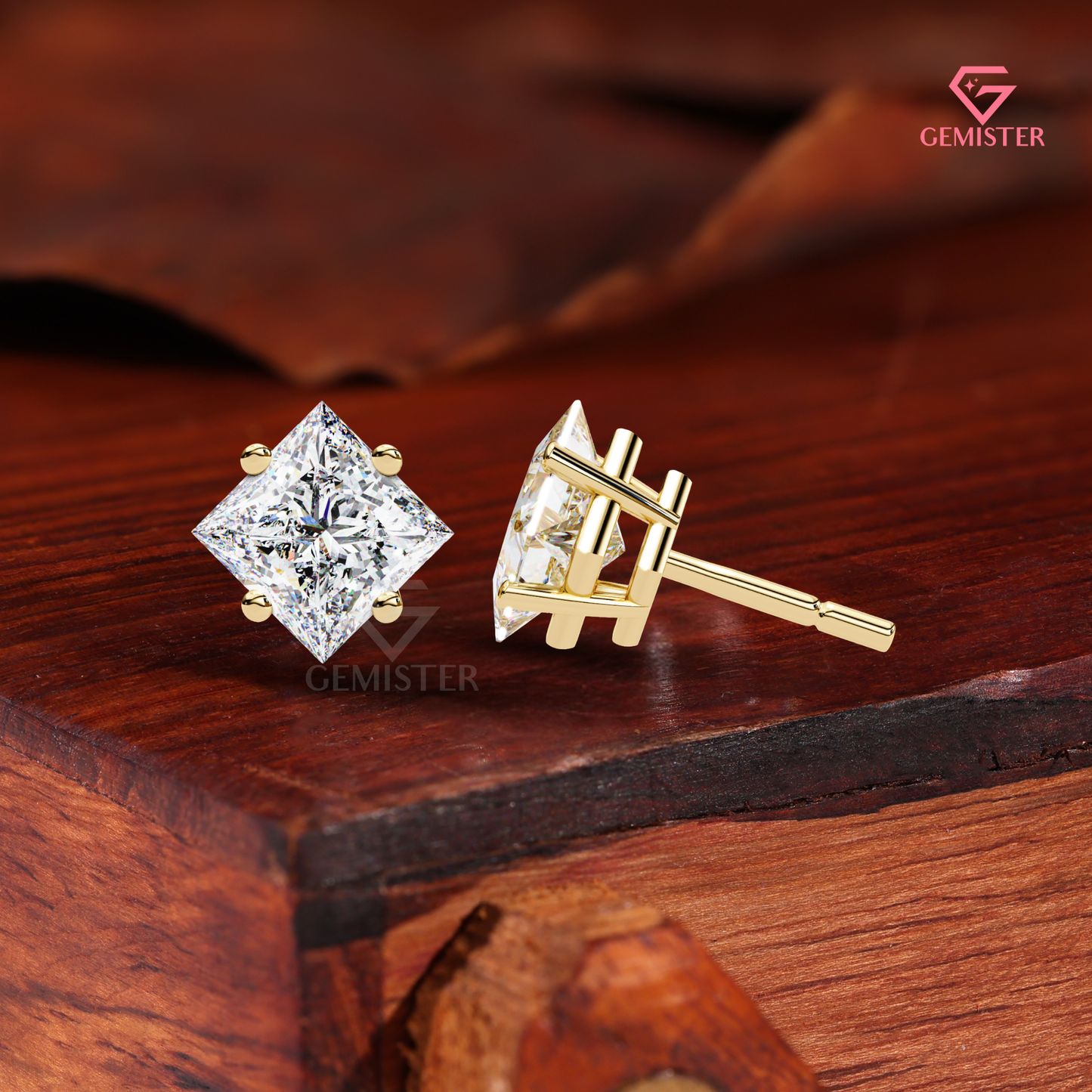 Princess-Cut Moissanite Kite-Set Stud Earrings in 14K Gold