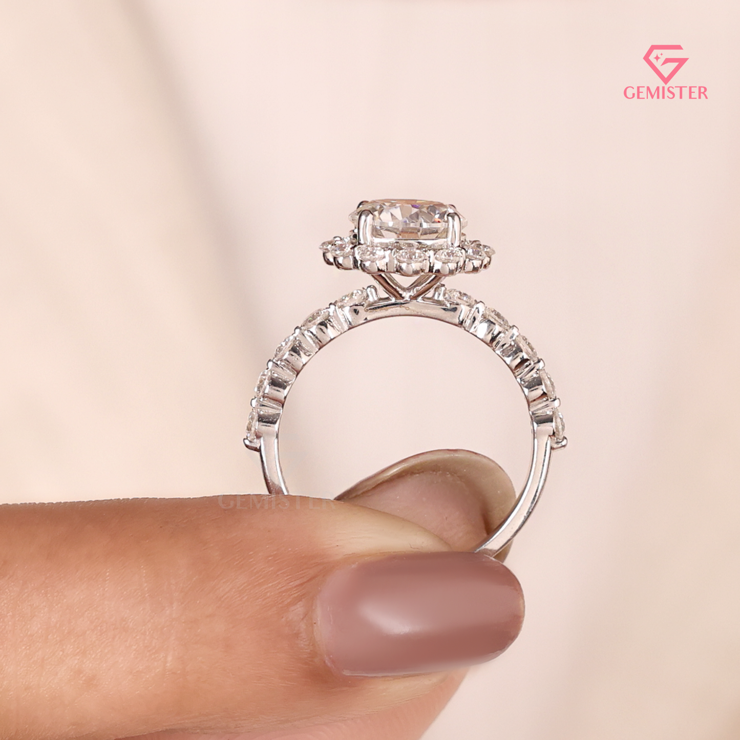 Vintage Floral Halo Engagement Ring with Round Brilliant Center & Bubble Accent Band - Lab Created Diamond in 14K White Gold