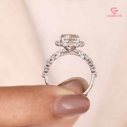Vintage Floral Halo Engagement Ring with Round Brilliant Center & Bubble Accent Band - Lab Created Diamond in 14K White Gold