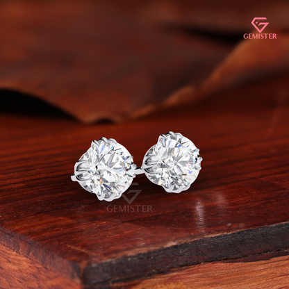 Round-Cut Moissanite Triple-Prong Compass Studs | 14K White Gold