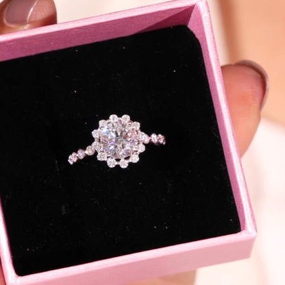 Vintage Floral Halo Engagement Ring with Round Brilliant Center & Bubble Accent Band - Lab Created Diamond in 14K White Gold