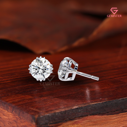 Round-Cut Moissanite Triple-Prong Compass Studs | 14K White Gold