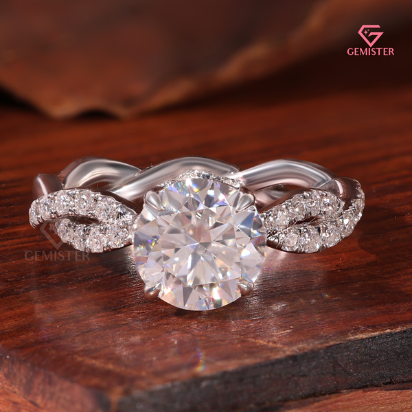 Twisted Infinity Round Cut Engagement Ring with Hidden Halo - Lab Created Diamond in 14K White Gold