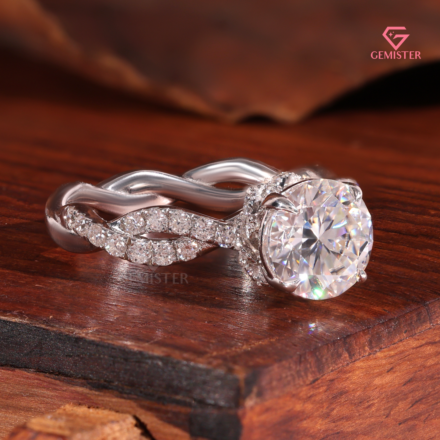 Twisted Infinity Round Cut Engagement Ring with Hidden Halo - Lab Created Diamond in 14K White Gold