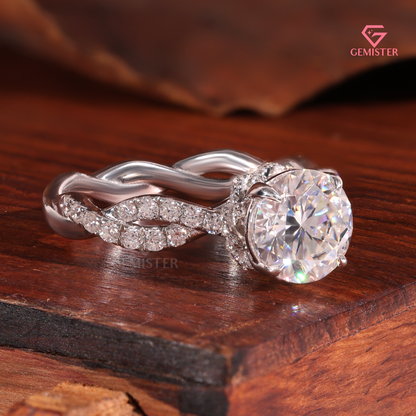 Twisted Infinity Round Cut Engagement Ring with Hidden Halo - Lab Created Diamond in 14K White Gold