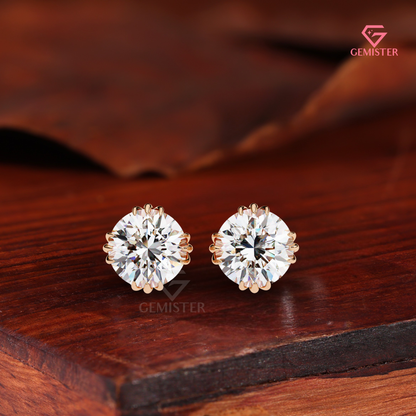 Round-Cut Moissanite Triple-Prong Compass Studs | 14K White Gold