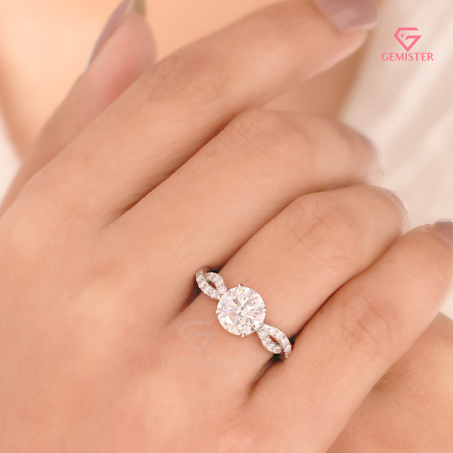 Twisted Infinity Round Cut Engagement Ring with Hidden Halo - Lab Created Diamond in 14K White Gold