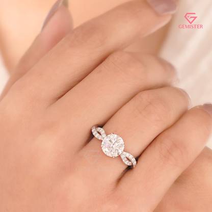 Twisted Infinity Round Cut Engagement Ring with Hidden Halo - Lab Created Diamond in 14K White Gold