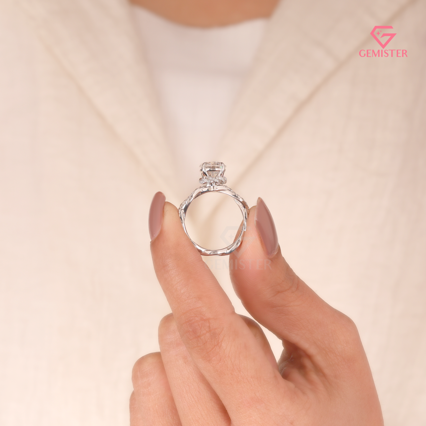 Twisted Infinity Round Cut Engagement Ring with Hidden Halo - Lab Created Diamond in 14K White Gold