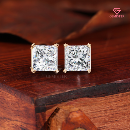Princess-Cut Moissanite V-Prong Solitaire Studs | 14K Gold