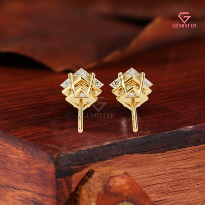 Princess-Cut Moissanite Kite-Set Stud Earrings in 14K Gold