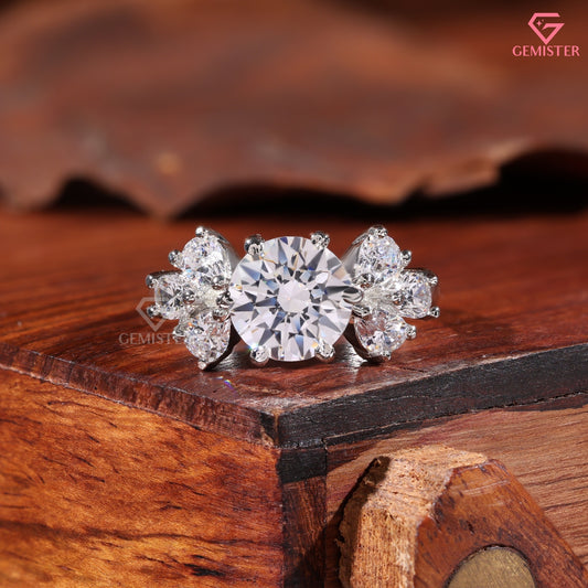 Round Brilliant & Pear Shape Cluster Moissanite Ring, 14K Sold Gold Engagement Ring