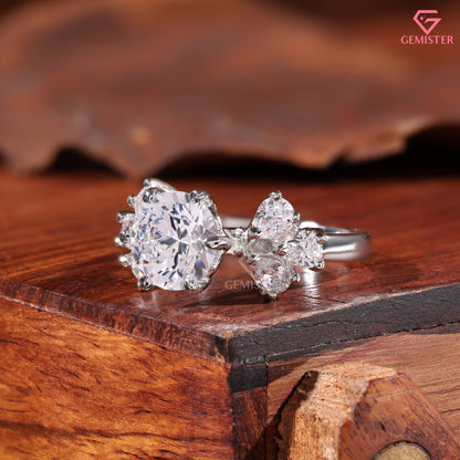 Round Brilliant & Pear Shape Cluster Moissanite Ring, 14K Sold Gold Engagement Ring