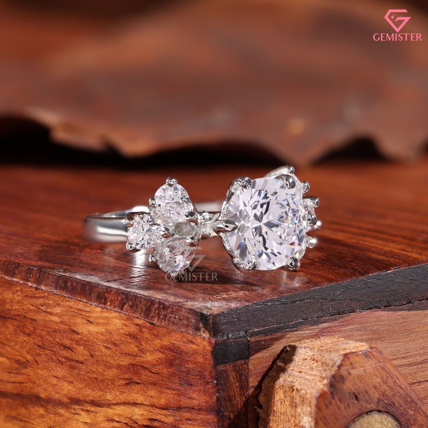 Round Brilliant & Pear Shape Cluster Moissanite Ring, 14K Sold Gold Engagement Ring