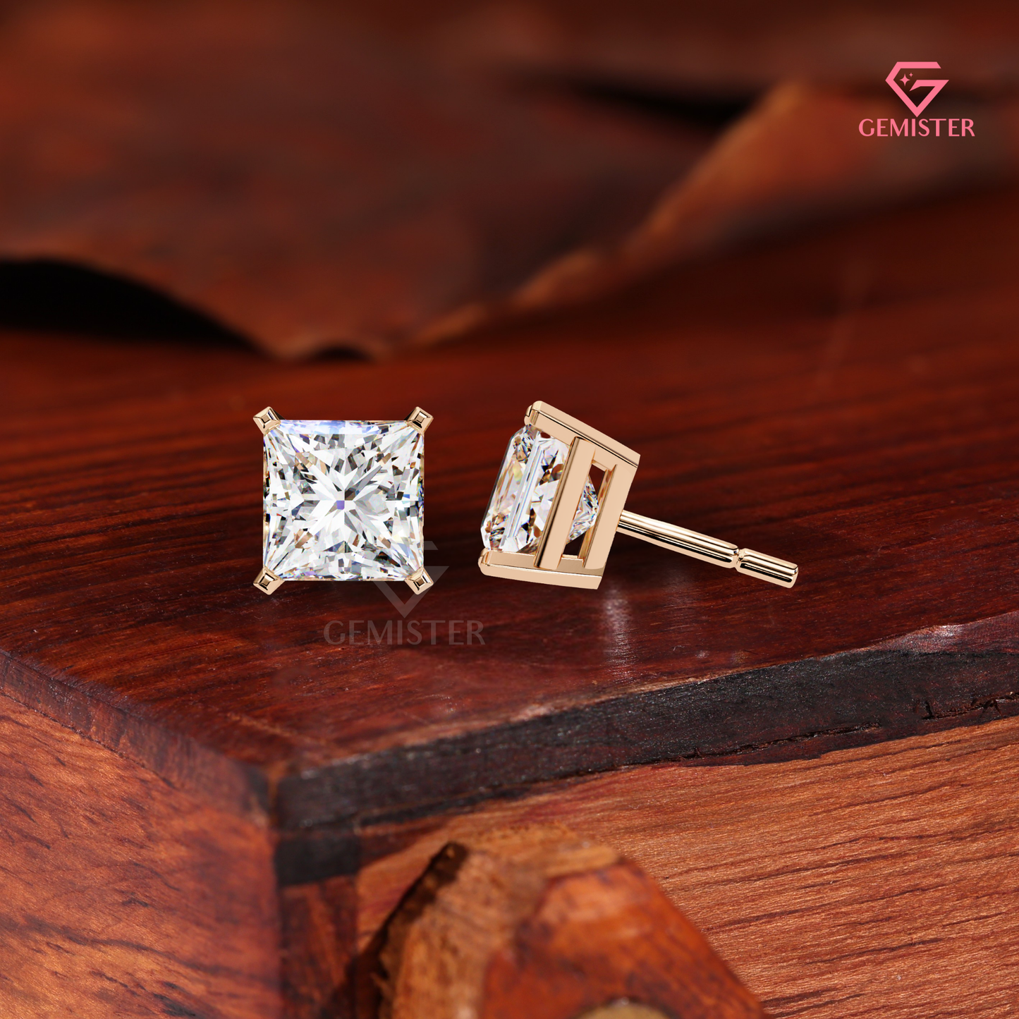 Princess-Cut Moissanite V-Prong Solitaire Studs | 14K Gold