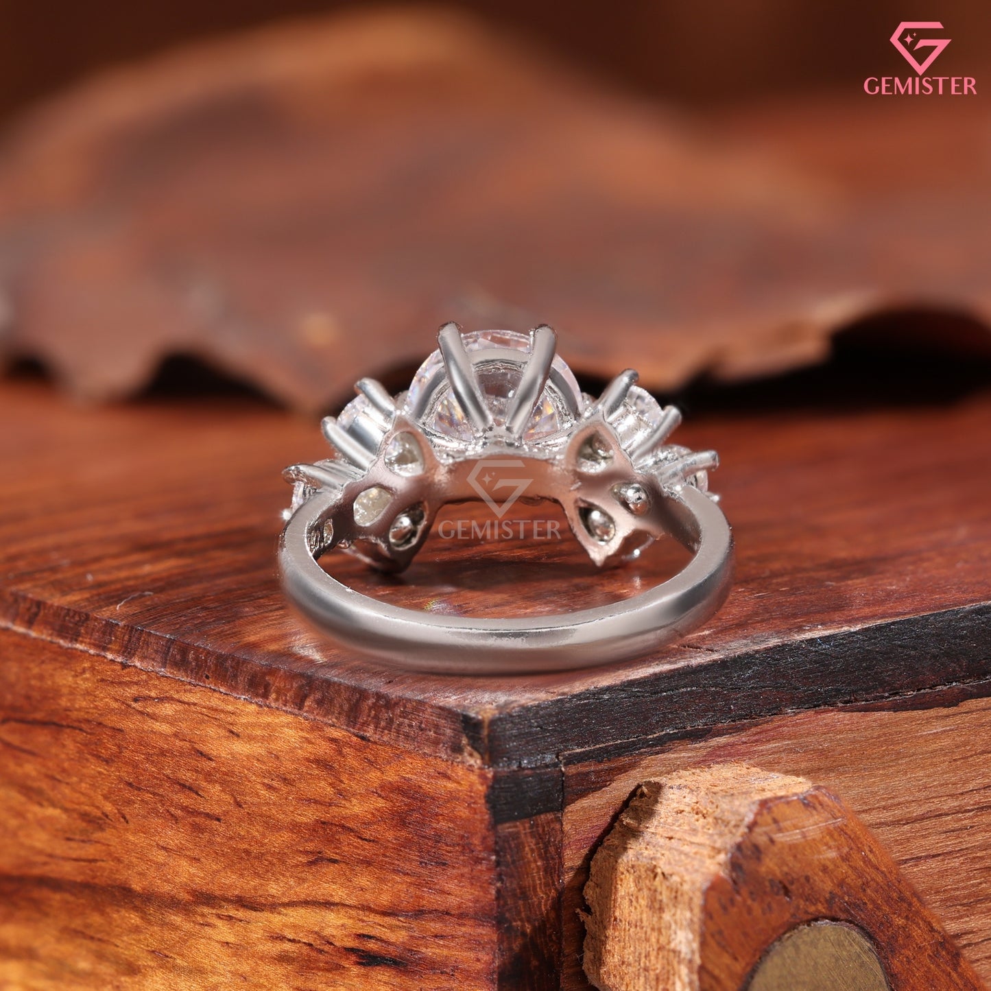 Round Brilliant & Pear Shape Cluster Moissanite Ring, 14K Sold Gold Engagement Ring