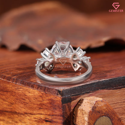 Round Brilliant & Pear Shape Cluster Moissanite Ring, 14K Sold Gold Engagement Ring