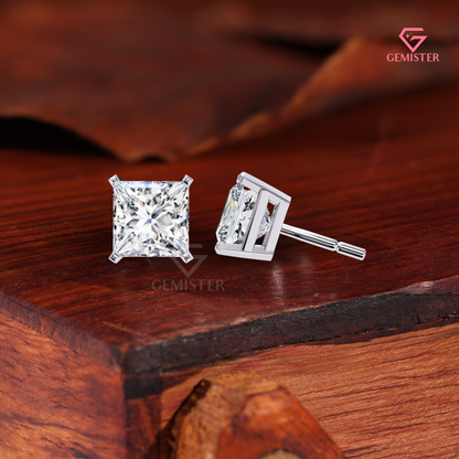 Princess-Cut Moissanite V-Prong Solitaire Studs | 14K Gold