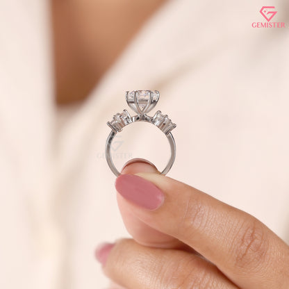 Round Brilliant & Pear Shape Cluster Moissanite Ring, 14K Sold Gold Engagement Ring