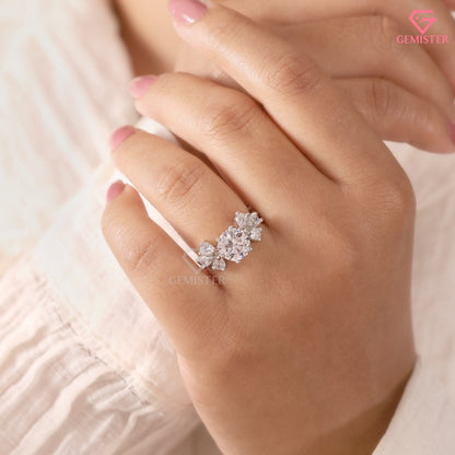 Round Brilliant & Pear Shape Cluster Moissanite Ring, 14K Sold Gold Engagement Ring