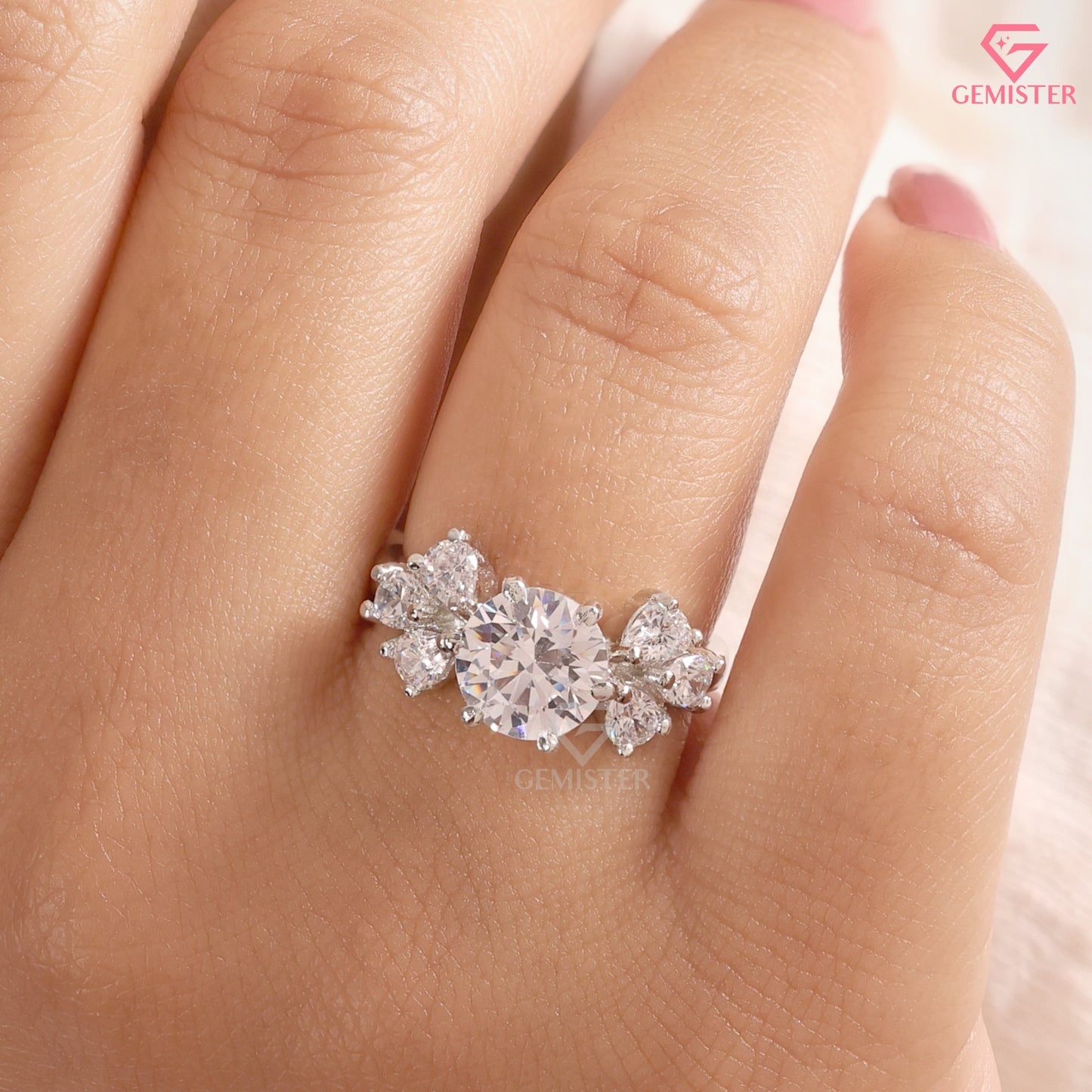 Round Brilliant & Pear Shape Cluster Moissanite Ring, 14K Sold Gold Engagement Ring