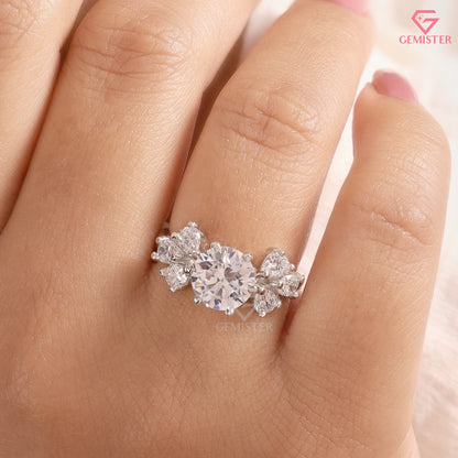 Round Brilliant & Pear Shape Cluster Moissanite Ring, 14K Sold Gold Engagement Ring