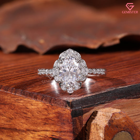 Oval Moissanite Halo Ring - Floral Scalloped Diamond Accented Band - Art Deco Bridal Jewelry