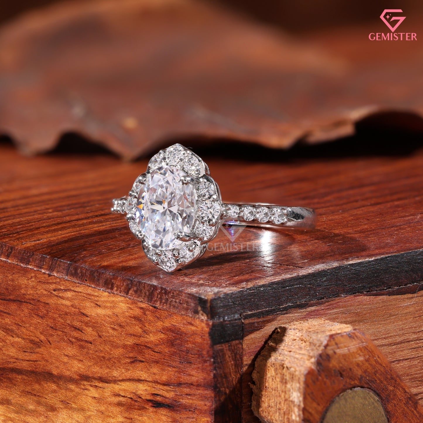 Oval Moissanite Halo Ring - Floral Scalloped Diamond Accented Band - Art Deco Bridal Jewelry