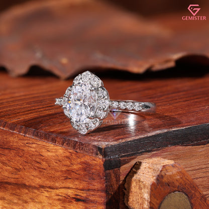 Oval Moissanite Halo Ring - Floral Scalloped Diamond Accented Band - Art Deco Bridal Jewelry