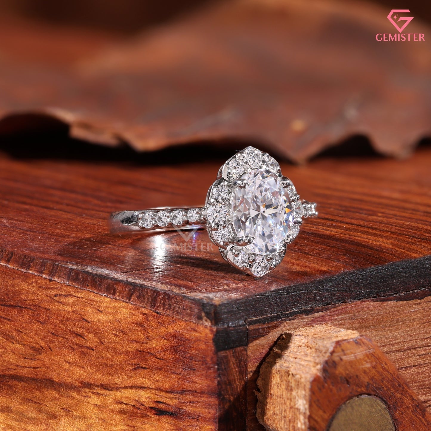 Oval Moissanite Halo Ring - Floral Scalloped Diamond Accented Band - Art Deco Bridal Jewelry