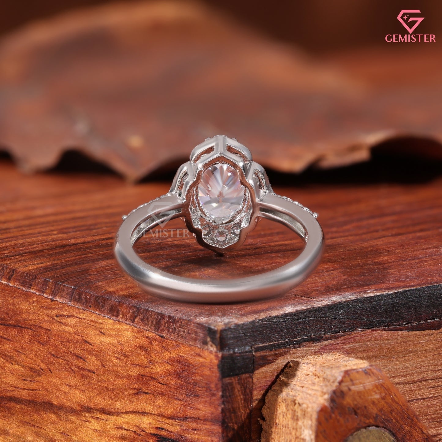 Oval Moissanite Halo Ring - Floral Scalloped Diamond Accented Band - Art Deco Bridal Jewelry