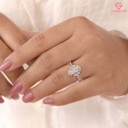 Oval Moissanite Halo Ring - Floral Scalloped Diamond Accented Band - Art Deco Bridal Jewelry