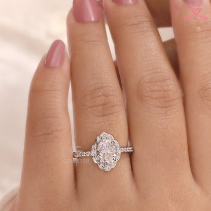 Oval Moissanite Halo Ring - Floral Scalloped Diamond Accented Band - Art Deco Bridal Jewelry