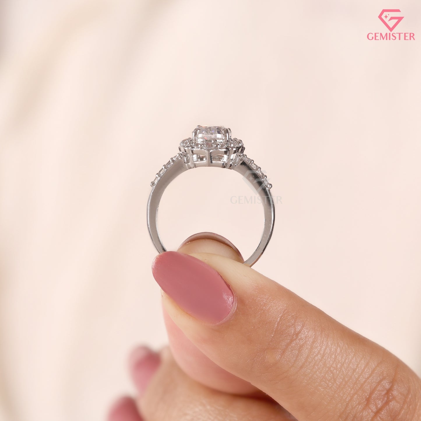 Oval Moissanite Halo Ring - Floral Scalloped Diamond Accented Band - Art Deco Bridal Jewelry