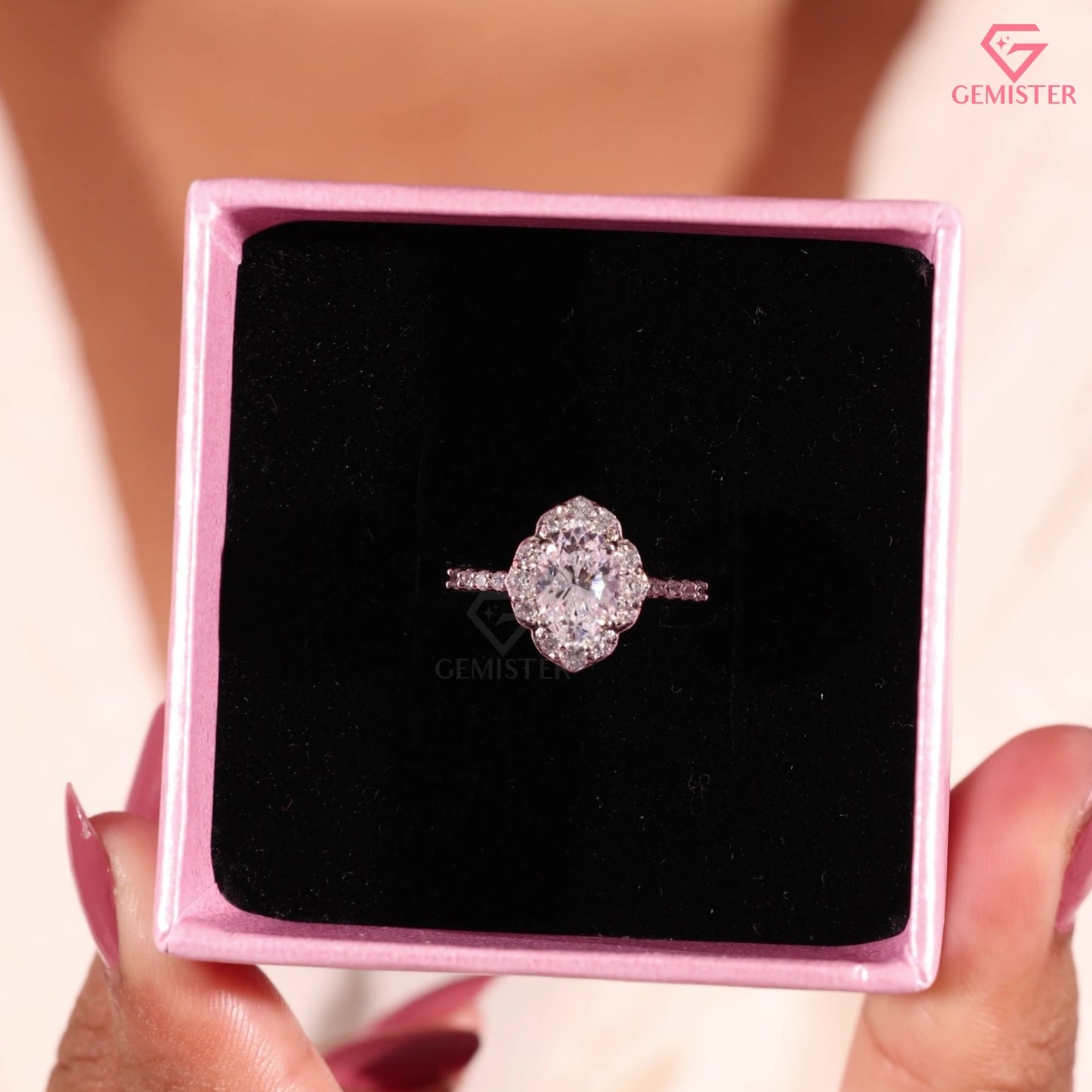 Oval Moissanite Halo Ring - Floral Scalloped Diamond Accented Band - Art Deco Bridal Jewelry