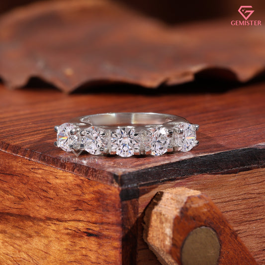 5 Stone Moissanite Wedding Band - Round Cut U-Prong Anniversary Ring - Half Eternity Diamond Alternative Band