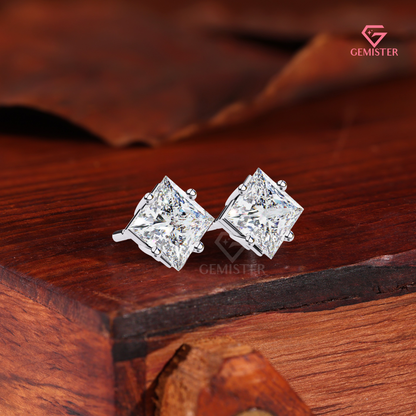 Princess-Cut Moissanite Kite-Set Stud Earrings in 14K Gold