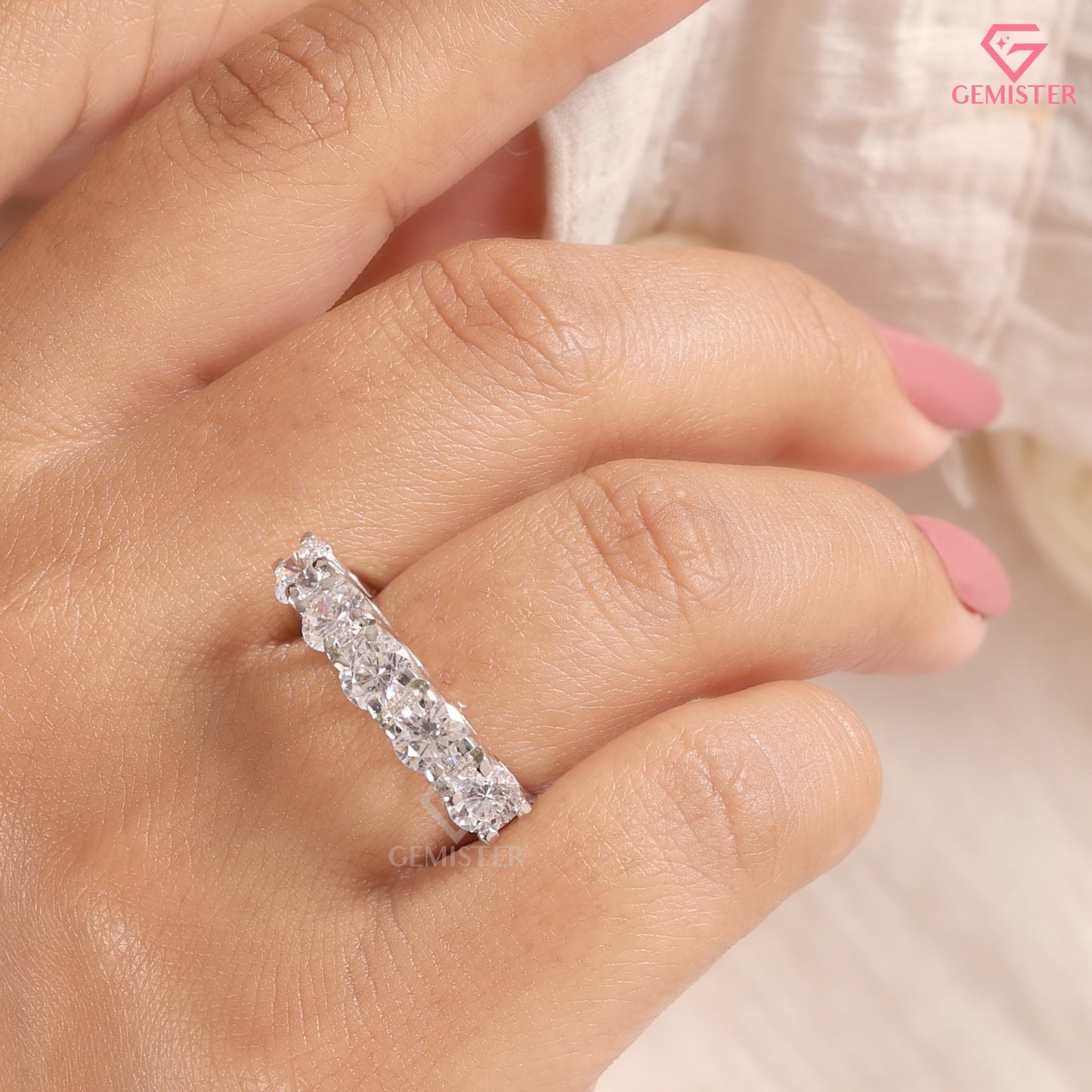 5 Stone Moissanite Wedding Band - Round Cut U-Prong Anniversary Ring - Half Eternity Diamond Alternative Band