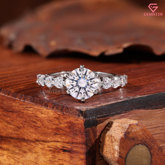 Classic 6-Prong Round Moissanite Solitaire Ring, Large Accent Stone Wedding Band