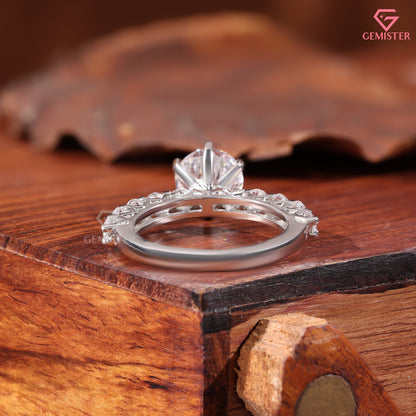 Classic 6-Prong Round Moissanite Solitaire Ring, Large Accent Stone Wedding Band