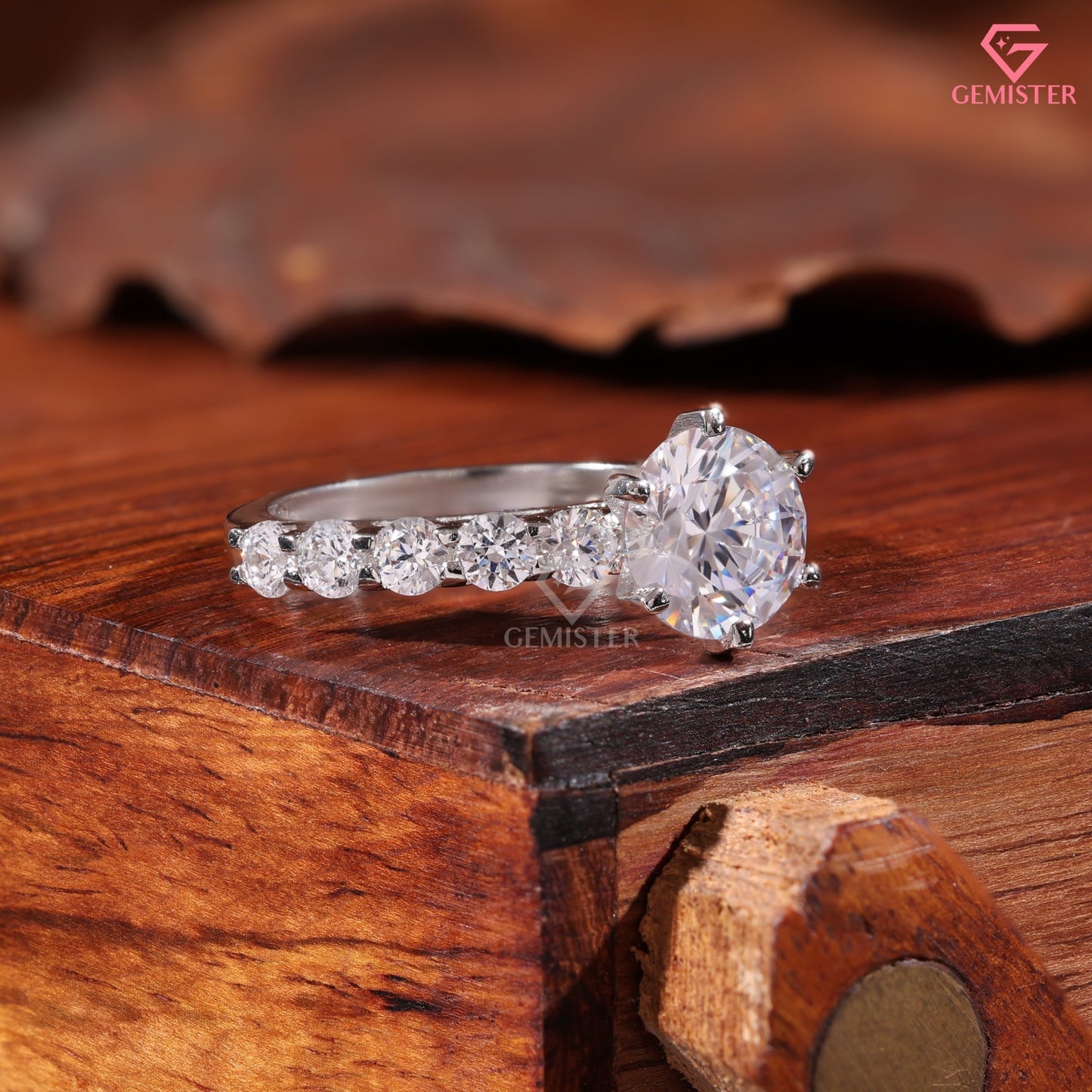 Classic 6-Prong Round Moissanite Solitaire Ring, Large Accent Stone Wedding Band