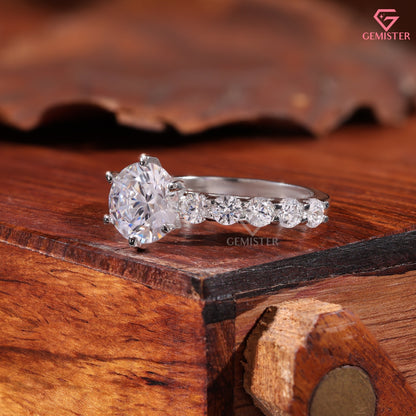 Classic 6-Prong Round Moissanite Solitaire Ring, Large Accent Stone Wedding Band