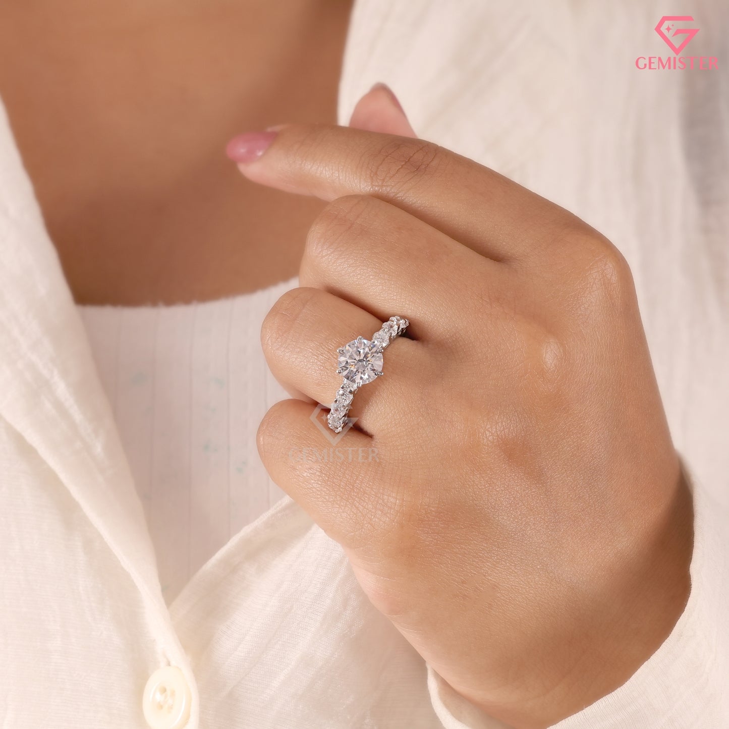 Classic 6-Prong Round Moissanite Solitaire Ring, Large Accent Stone Wedding Band