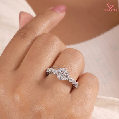 Classic 6-Prong Round Moissanite Solitaire Ring, Large Accent Stone Wedding Band
