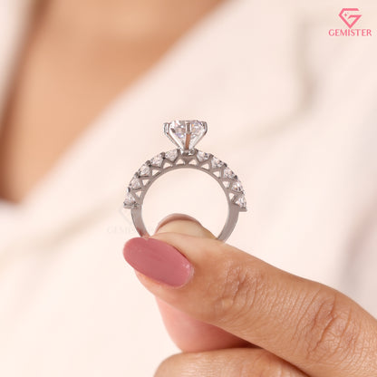 Classic 6-Prong Round Moissanite Solitaire Ring, Large Accent Stone Wedding Band