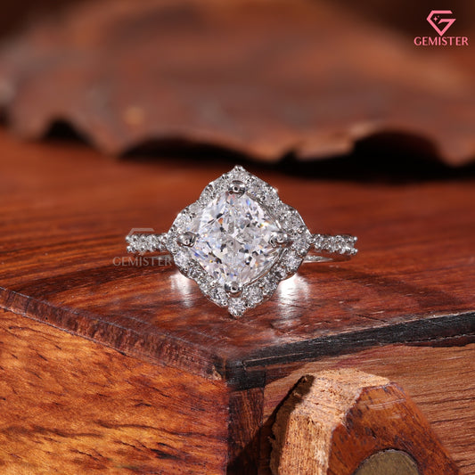 Cushion Cut Moissanite Scalloped Halo Engagement Ring, 14K White Gold Vintage Style Band