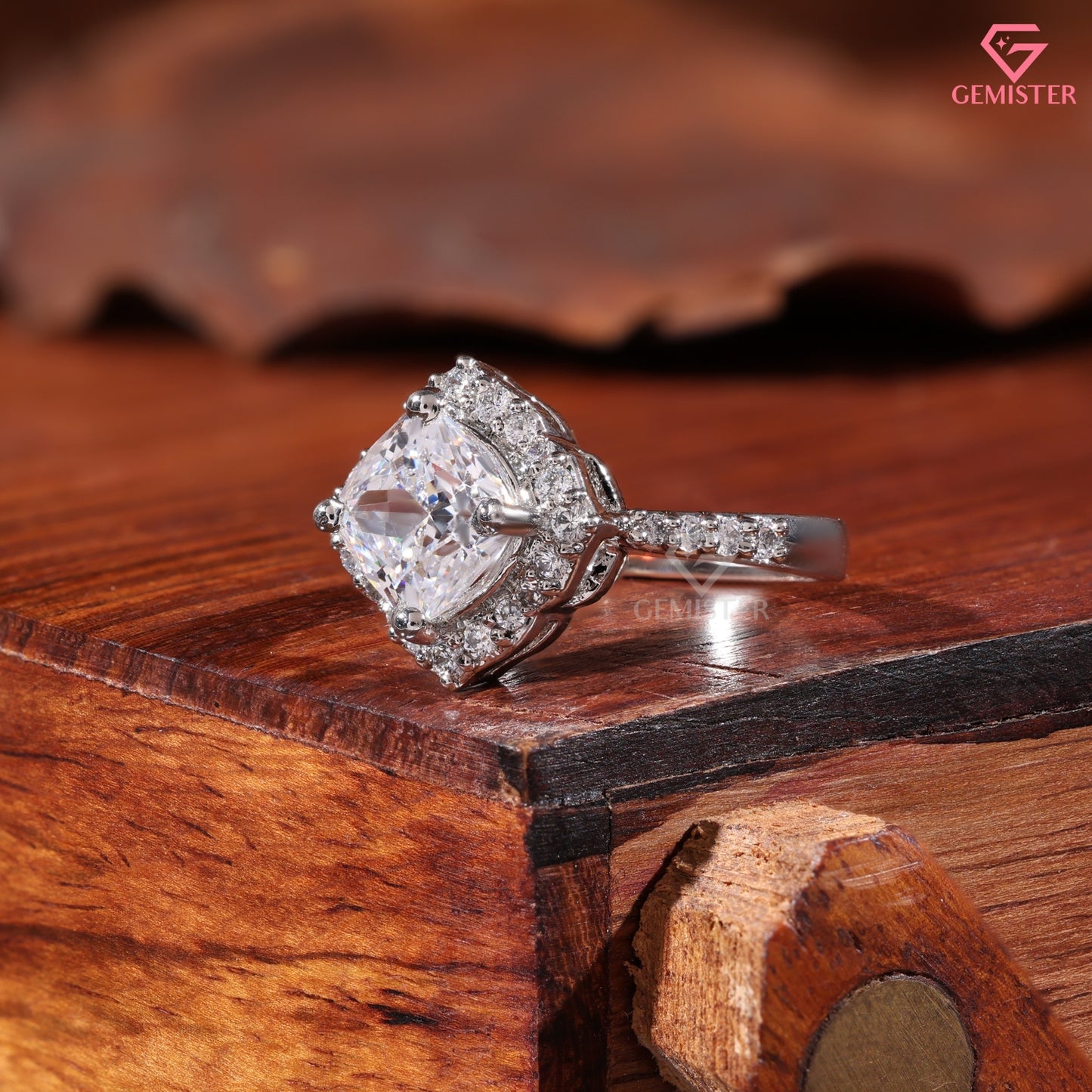 Cushion Cut Moissanite Scalloped Halo Engagement Ring, 14K White Gold Vintage Style Band