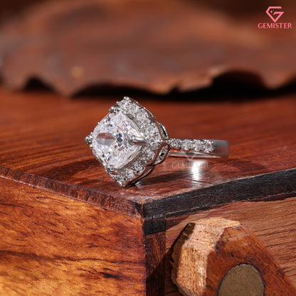 Cushion Cut Moissanite Scalloped Halo Engagement Ring, 14K White Gold Vintage Style Band