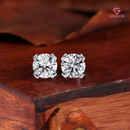 Round Lab Grown Diamond Studs, 4-Prong White Gold Earrings, VVS Clarity Jewelry